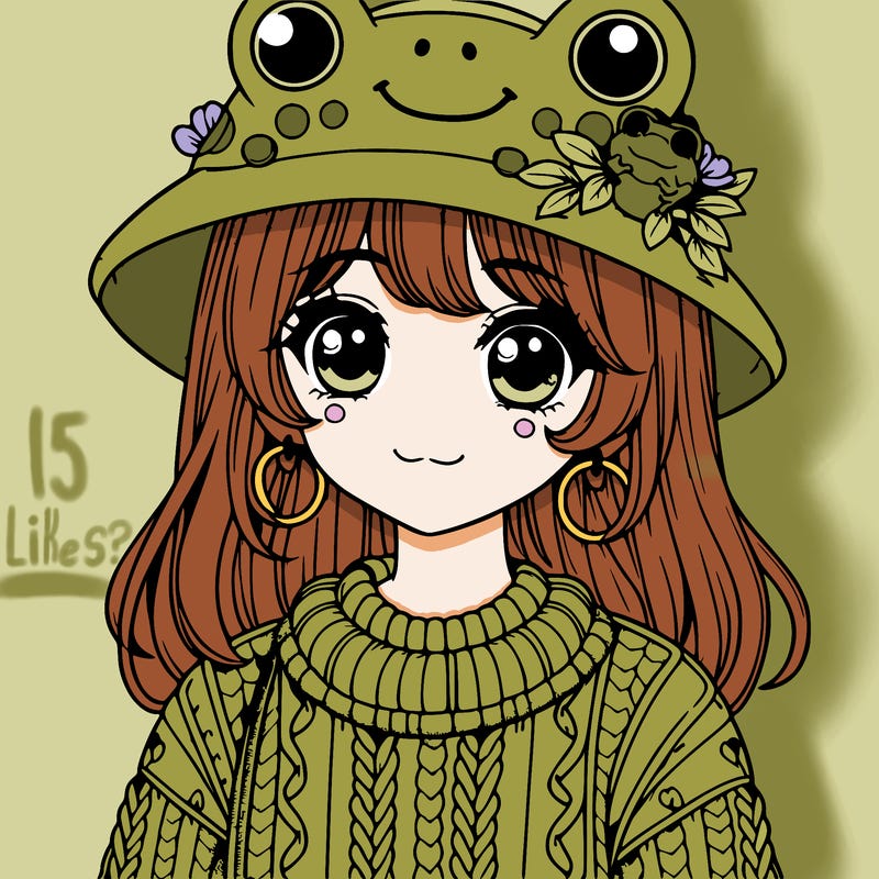 realistic girl wearing frog sweater and a frog hat with frog earrings