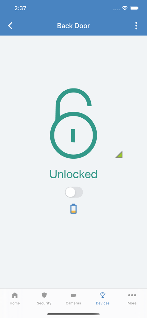 Alula Security app interface showing the back door smart lock is unlocked with a low battery indicator.