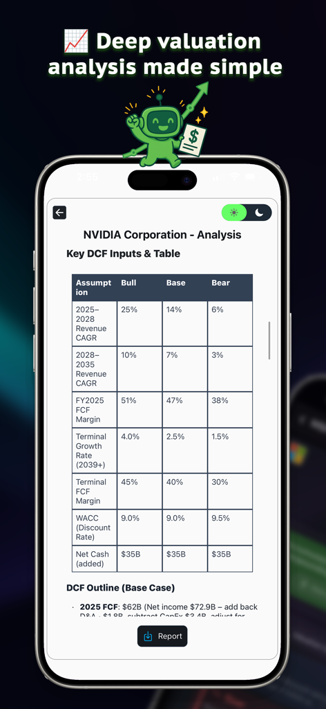 Unvault AI app interface showing a detailed DCF valuation analysis table for NVIDIA Corporation