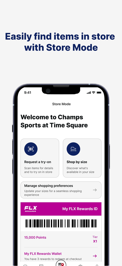 Champs Sports: Shoes & Apparel - Interfaccia dell'app Champs Sports che mostra la Modalità Negozio con funzionalità come richiesta prova, acquisto per taglia e codice a barre FLX Rewards ID.