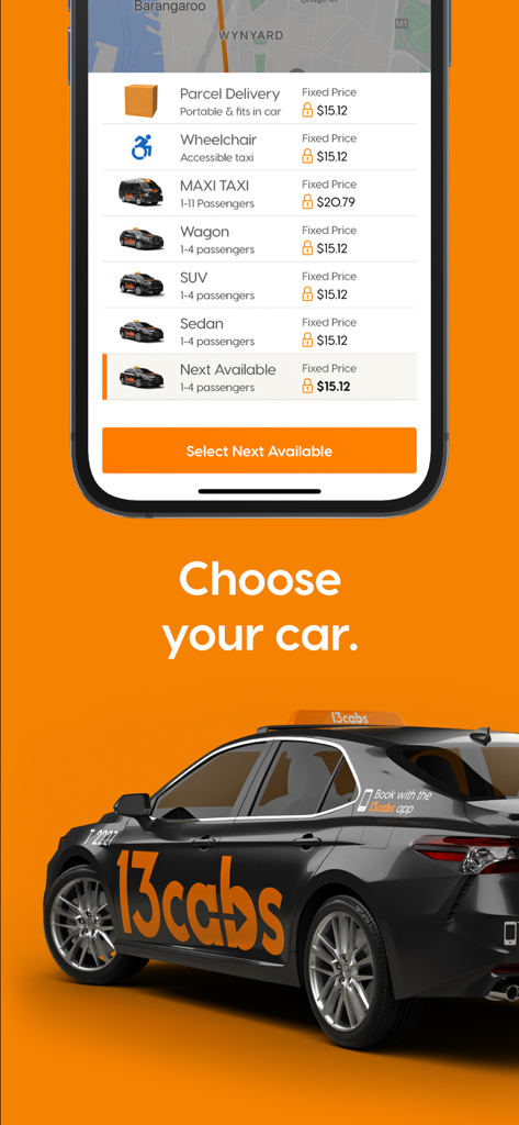 Ein mobiler Bildschirm der 13cabs-App, der verschiedene Fahrzeugoptionen wie Limousine, SUV und MAXI TAXI mit Festpreisen zeigt.