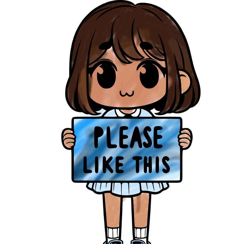 a girl holding a sign that says please like this one