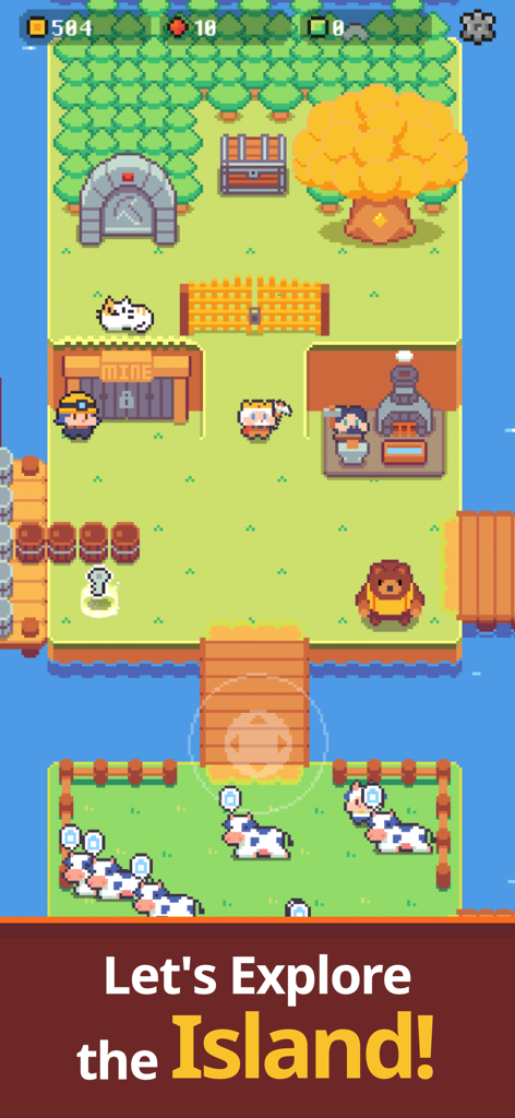 A top-down view of a pixel art island in Pickaxe King Island featuring a cow farm and a mining station.