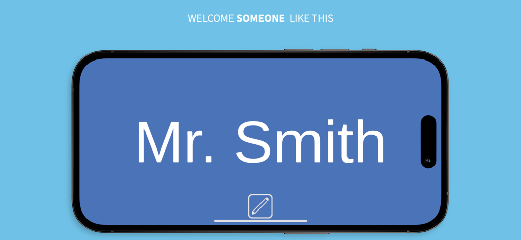 AirportBoard - A smartphone displaying a digital welcome sign with the name Mr Smith on a blue background