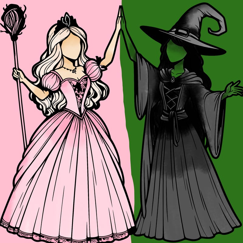 detailed realistic split of a princess and a witch