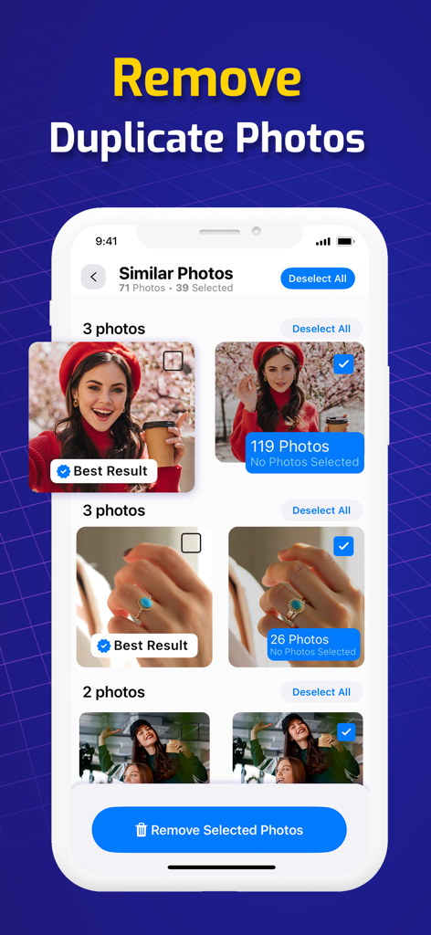 Interfaz de la aplicación ZCleaner mostrando la función de eliminación de fotos similares en un iPhone