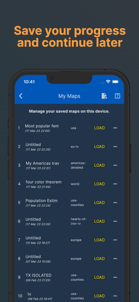 MapChart App - Interface de l'application MapChart montrant une liste de projets de cartes et de modèles sauvegardés.