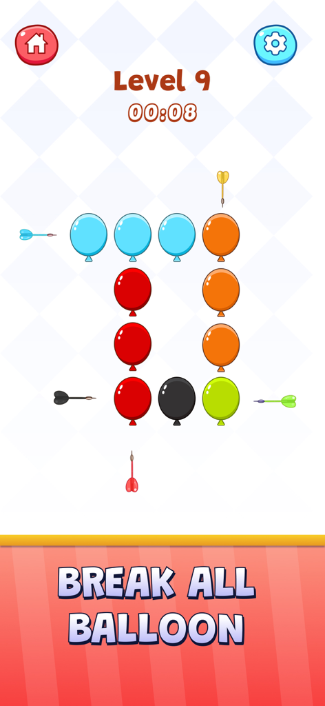 Gameplay screenshot of Tap Tap Challenge showing Level 9 where players must break colored balloons using darts