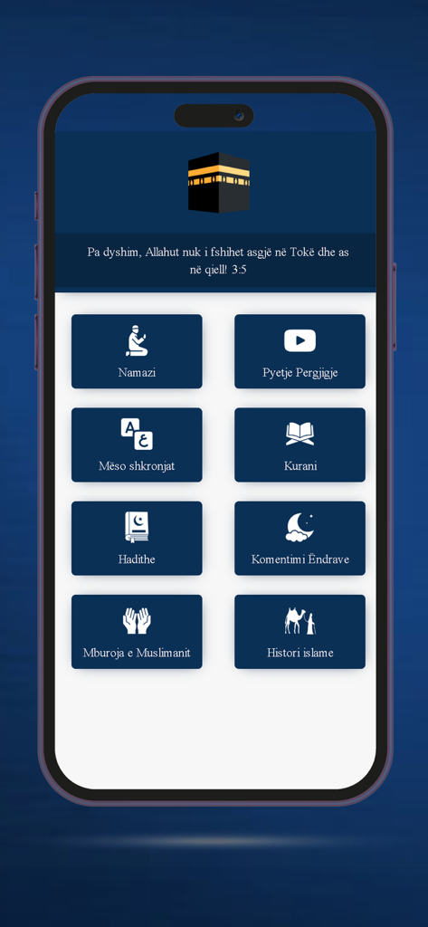Feja ISLAME - Dashboard of the Feja ISLAME app showing religious education categories in Albanian.