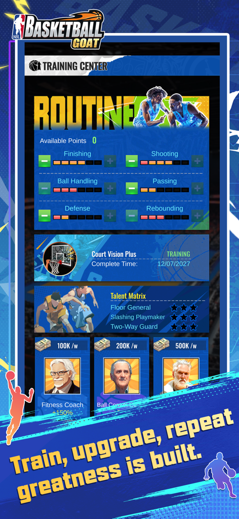 Training center screen in Basketball GOAT showing player attribute upgrades like shooting and defense along with coach options