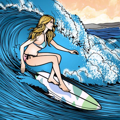 realistic girl in a bikini surfing a big wave
