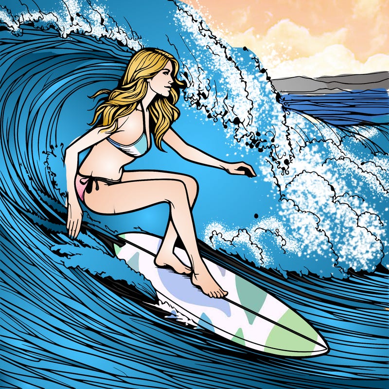 realistic girl in a bikini surfing a big wave