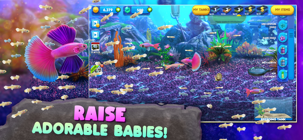 A vibrant virtual aquarium with many colorful fish and the text Raise Adorable Babies