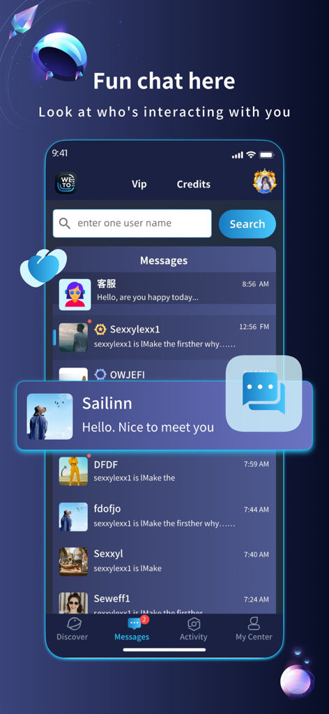 A interface de mensagens do aplicativo Wetolove mostrando uma lista de chats ativos e uma notificação de nova mensagem de um usuário.