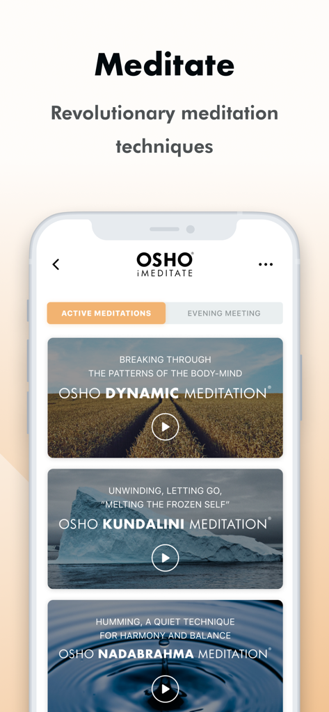 iOSHO - The iOSHO app interface showing a list of active meditation techniques like Dynamic and Kundalini on a smartphone screen