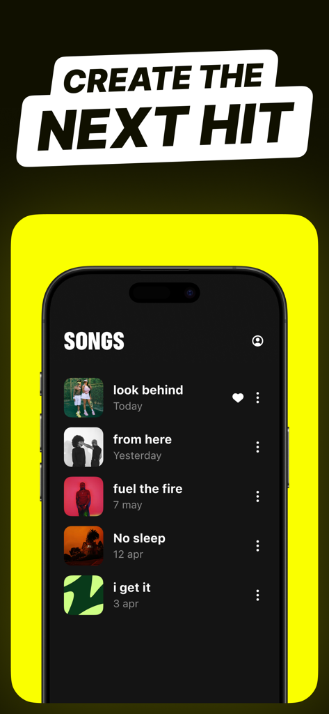 Lyric Studio - Rap Rhyme Maker - Una pantalla de smartphone mostrando una lista de canciones grabadas en la biblioteca de la aplicación Lyric Studio.