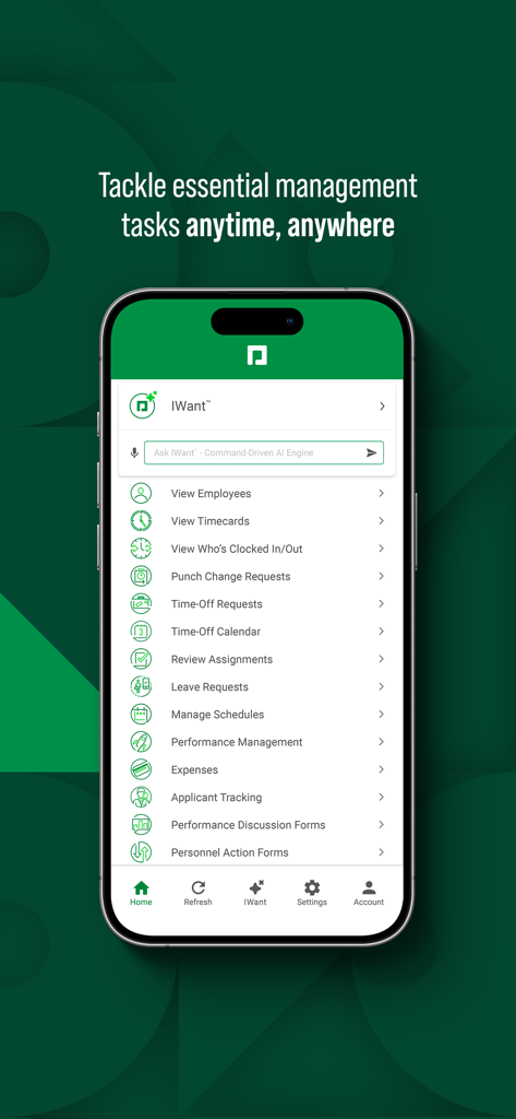 Paycom - Paycom mobile app dashboard showing essential management tasks like employee tracking and time-off requests