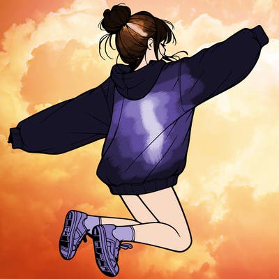 realistic girl jumping with a bun and oversized sweatshirt
