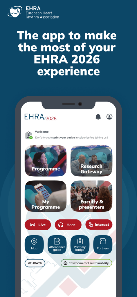 EHRA 2026 - Official EHRA 2026 app dashboard showing navigation tiles for scientific programme research gateway and personalised agenda