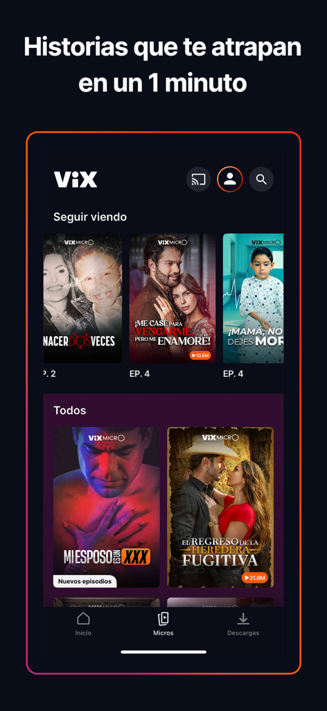 Interfaz de la aplicación ViX mostrando una selección de microdramas cortos en formato vertical en español