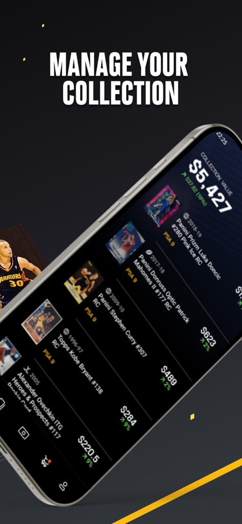 Center Stage: Sports Cards - Smartphone screen displaying the Center Stage app's sports card collection management feature with real-time portfolio value and graded cards like Luka Doncic and Kobe Bryant.