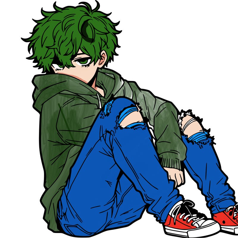 a male hoddie ripped jeans messy hair anime