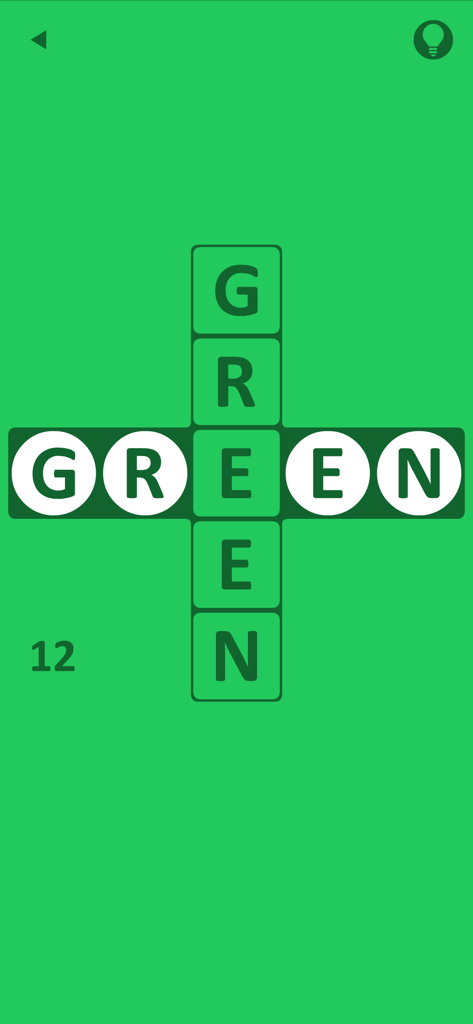 Quebra-cabeça de lógica de palavras cruzadas minimalista no nível 12 do jogo green.