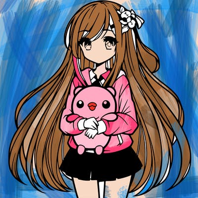 a girl with long hair holding a plushie also anime styled