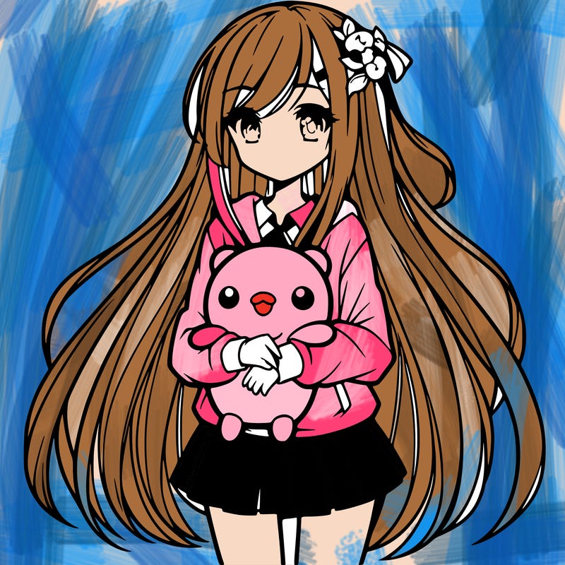 a girl with long hair holding a plushie also anime styled