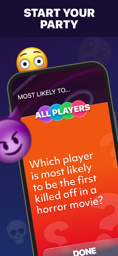 Party Up app screen showing a Most Likely To game question for friends