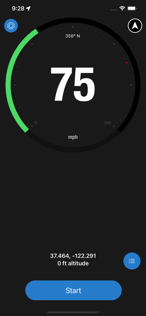 Minimalistisches Tachometer-Dashboard der Trip Tracker App mit 75 mph, GPS-Koordinaten und Höhendaten.