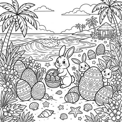 Combine the magic of Easter with the beauty of a white sand beach in this charming coloring page, featuring playful bunnies and intricately decorated eggs. Dive into a unique holiday adventure perfect for all ages to enjoy.