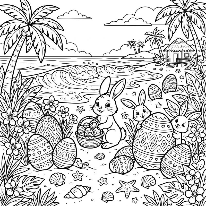 Combine the magic of Easter with the beauty of a white sand beach in this charming coloring page, featuring playful bunnies and intricately decorated eggs. Dive into a unique holiday adventure perfect for all ages to enjoy.