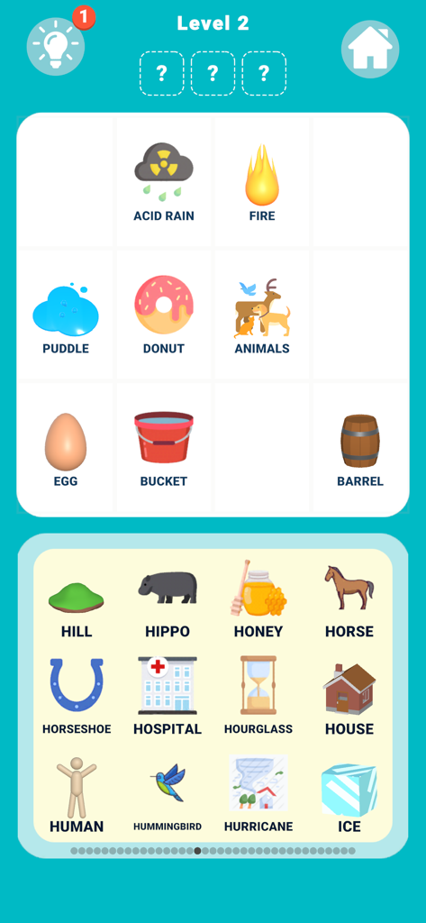 Elements Merge - Elements Merge gameplay showing a grid of icons and a library of elements to discover