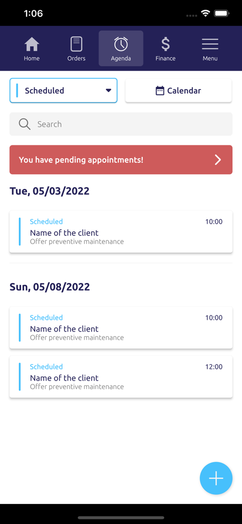 Mobile screen of the Agenda Boa app showing a list of scheduled client appointments and a business calendar view