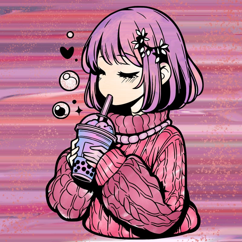manga girl drinking boba in cozy sweater