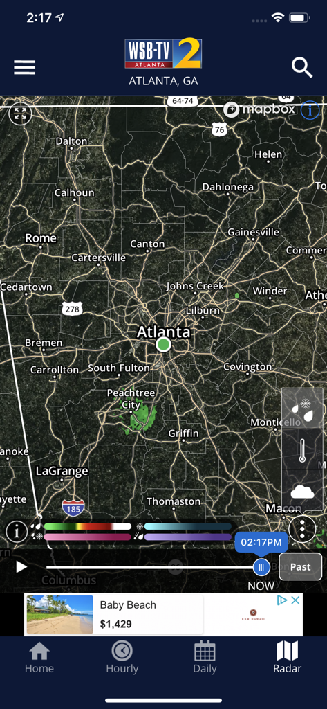 Severe Weather Team 2 모바일 앱의 Atlanta 및 노스 조지아 고해상도 대화형 날씨 레이더 지도.