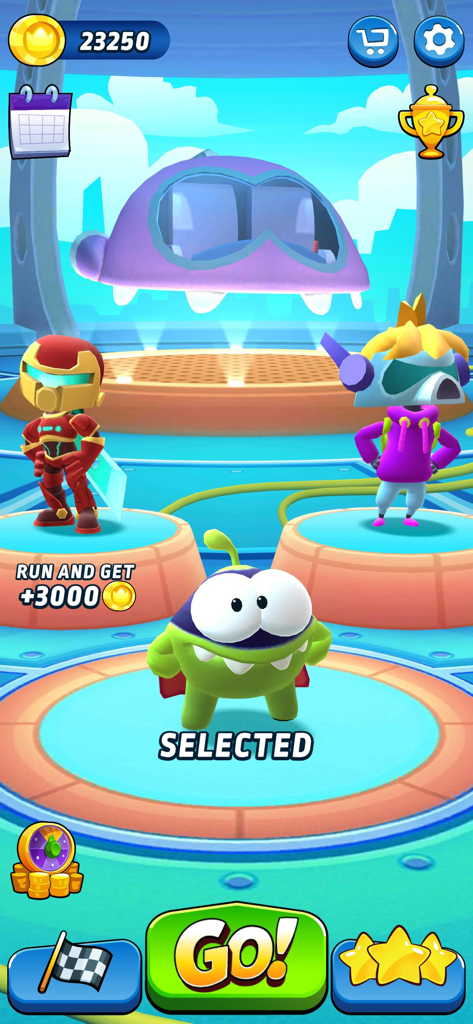 Om Nom: Run - Menu de sélection de personnage Om Nom présentant différents costumes de super-héros