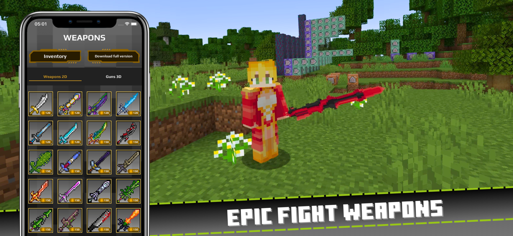 Actual Gun Addon for Minecraft - Ein Minecraft-Charakter, der ein rotes taktisches Schwert neben einem Mobiltelefon hält, das eine Waffeninventar-Oberfläche zeigt