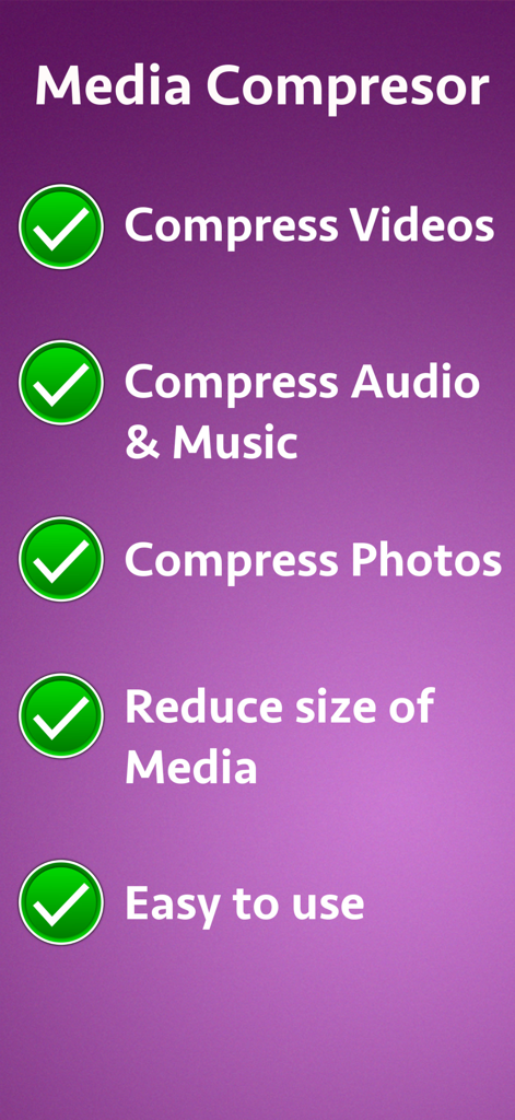 Video-Photo-Audio Compressor - Lista de verificación que muestra las características de la aplicación Compresor de Medios, incluida la compresión de video, foto y audio