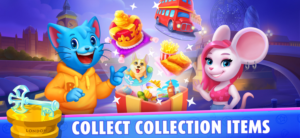 Bingo Blitz™ - BINGO Games - Bingo Blitz-Charaktere Blitzy die Katze und eine Maus, die themenbezogene London-Sammlerstücke wie Fish and Chips und einen Doppeldeckerbus zeigen