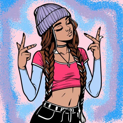 realistic teenage girl with braids and a beanie and crop top doing 🫶🏼