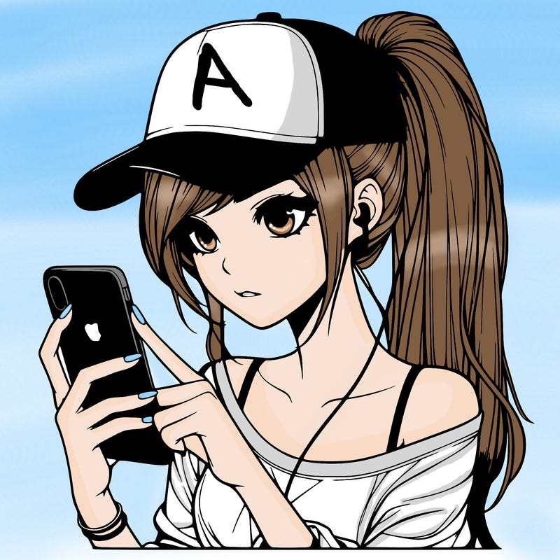 realistic girl with a long ponytail and trucker hat holding an iphone