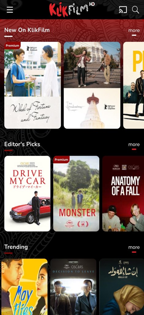 KlikFilm - KlikFilm app home screen showcasing international festival films and editor picks
