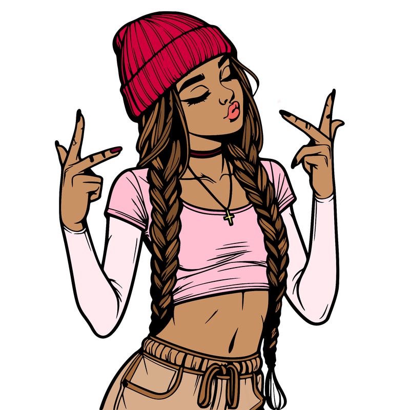 realistic teenage girl with braids and a beanie and crop top doing 🫶🏼