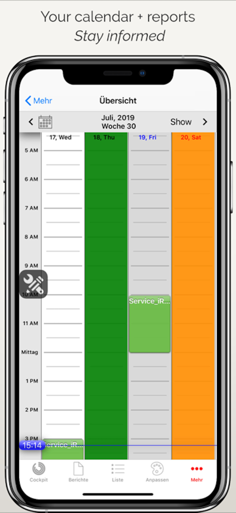 iReport Business - iReport Businessアプリのカレンダーインターフェイス。スケジュールされたフィールドレポートとタスク管理が表示されています