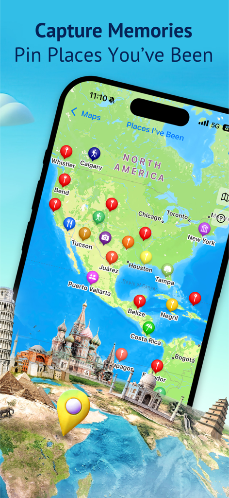 My Travel Map: Trip Tracker - Meine Reisekarte-App zeigt einen Smartphone-Bildschirm mit Pins auf einer Karte von Nordamerika über Weltwundern.