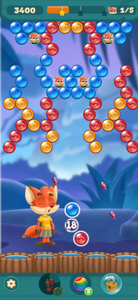 Bubble Friends Bubble Shooter - A fox character aiming bubbles in the Bubble Friends Bubble Shooter game to rescue trapped animals