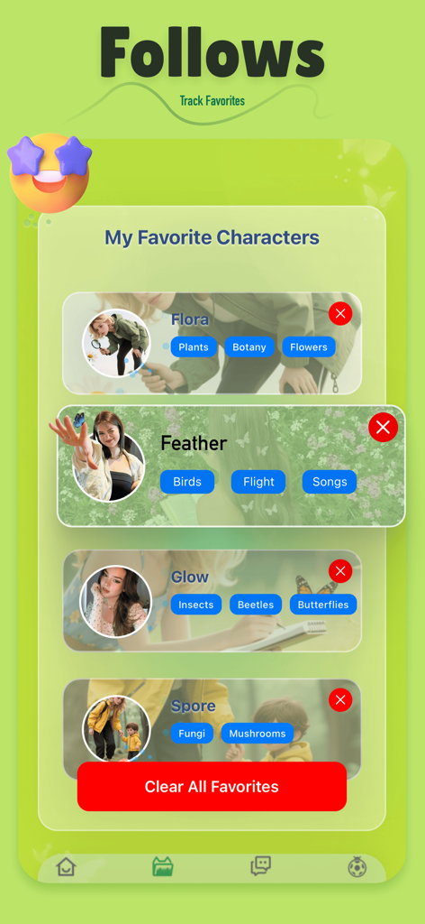 Narru - Narru app interface showing a list of favorite nature guide categories like Flora, Feather, Glow, and Spore.