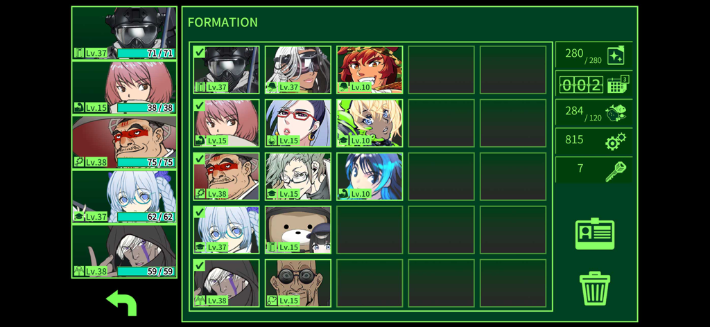 METRO QUESTER - Hack & Slash - Party formation screen in METRO QUESTER featuring character portraits and a retro green interface.